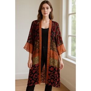Sterling Styles Patchwork Velvet Burnout Kimono Duster Robe Orange Floral